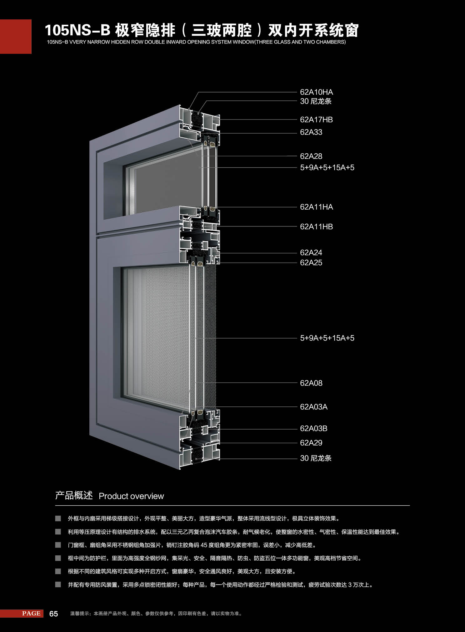 105NS-B极窄隐排（三玻两腔）双内开系统窗